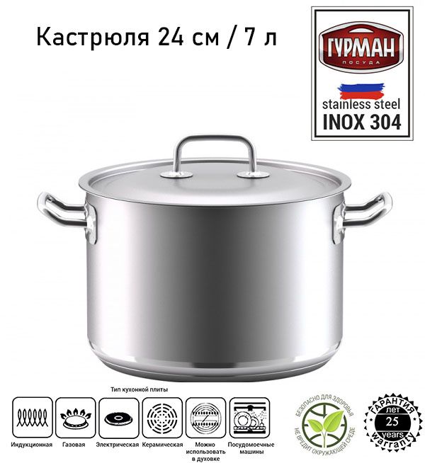Кастрюля7л24смскрышкойВСМПОГУРМАН330370AISI304