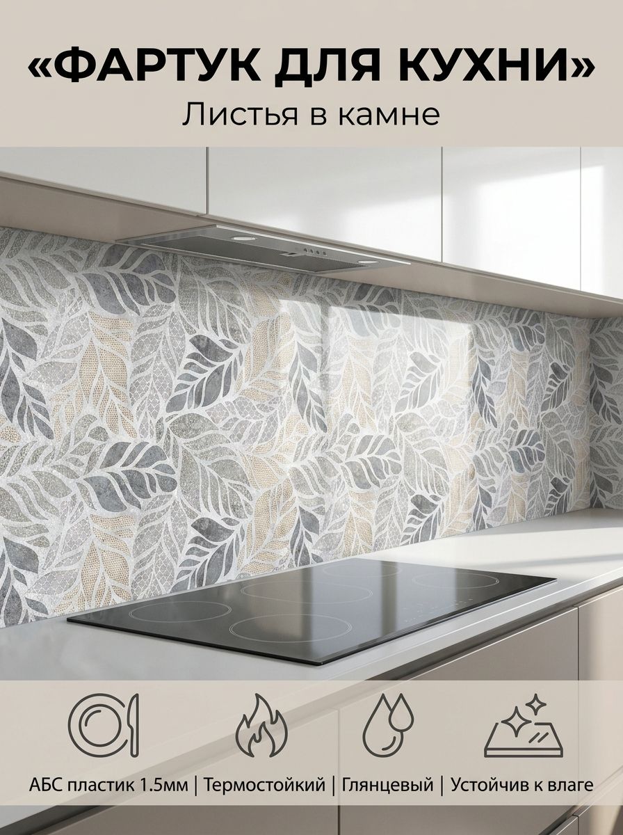 Фартукдлякухнинастену"Листьявкамне"2000х600мм.ФартуккухонныйнастенуизАБСпластика.