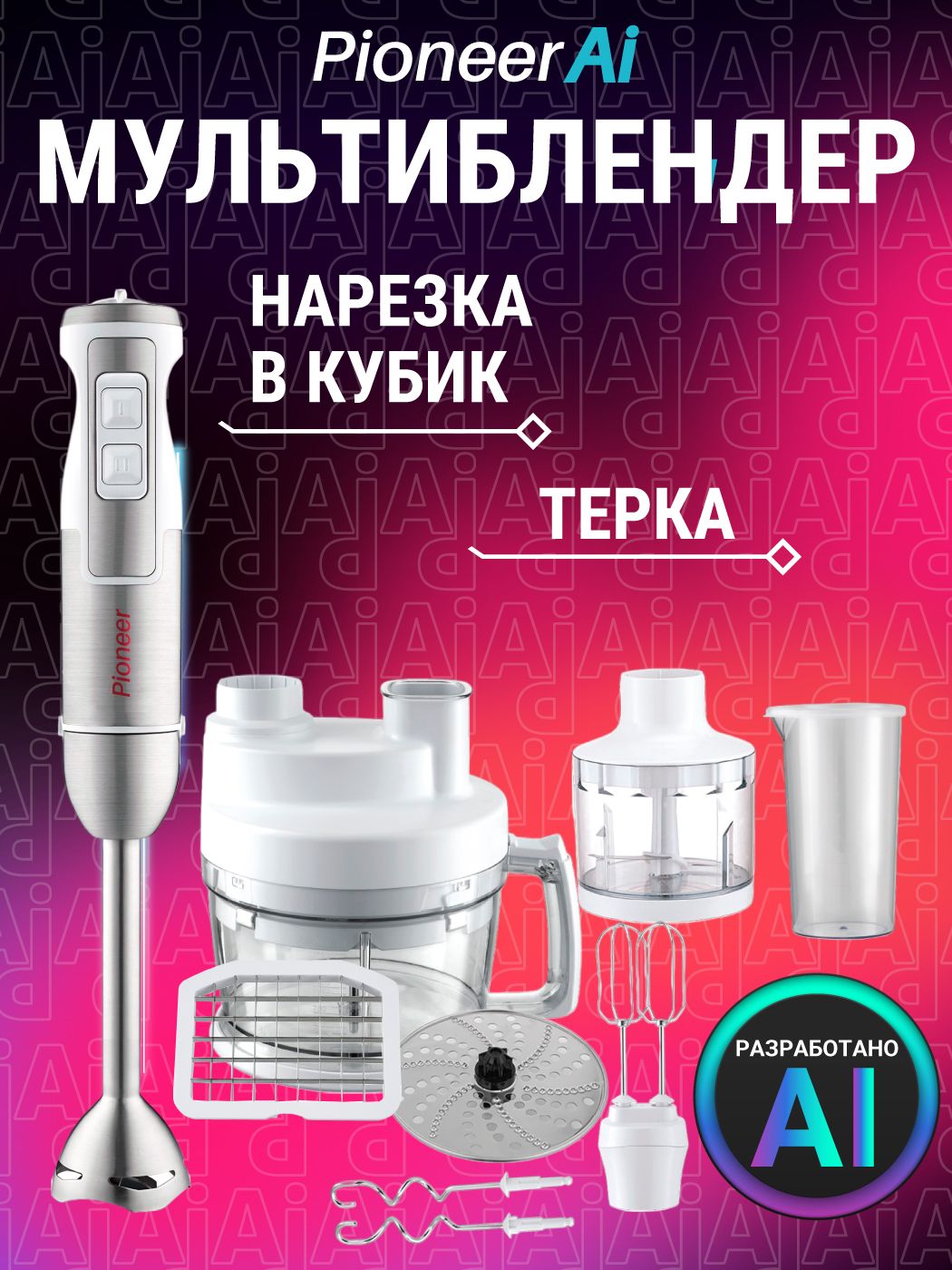 МногофункциональныйблендерPioneerAIизнержавеющейстали,двойныебитеры,двойныекрючки,дискдлянарезки,СЕТКАДЛЯНАРЕЗКИКУБИКАМИ8х8ммиконтейнер2л,измельчитель400мл,1800Вт,HB250S