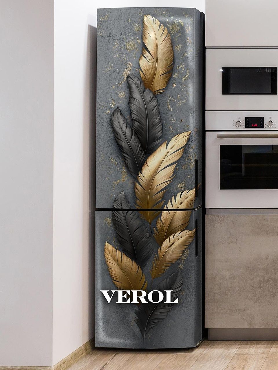 НаклейканахолодильникVEROL"Перосзолотом,графитовыйфон"200*65см