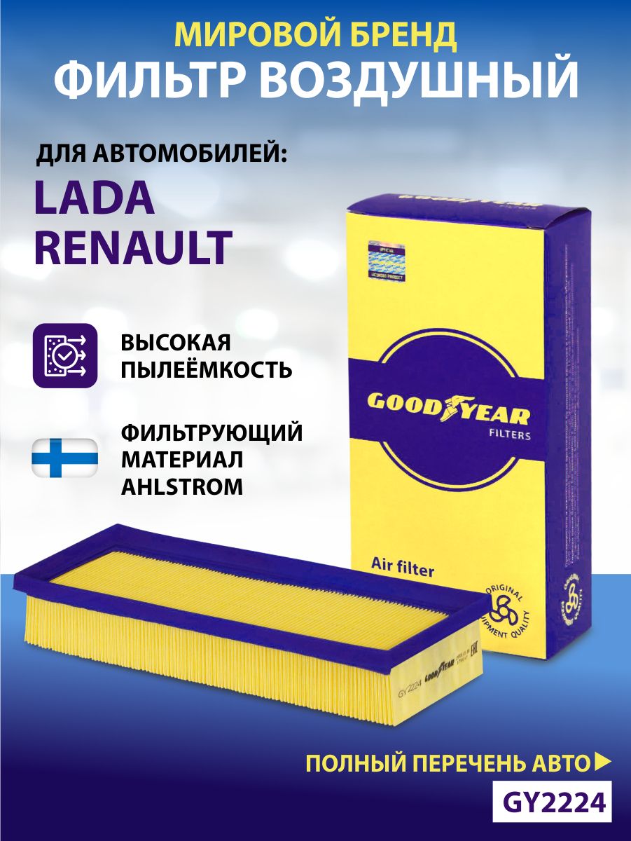 ФильтрвоздушныйGoodyearGY2224дляЛадаЛаргус1.6,РеноЛоган1(ЛоганСтепвей2),РеноСандеро1(СандероСтепвей2)/кросс-номерMANNC33006/OEM165469466R