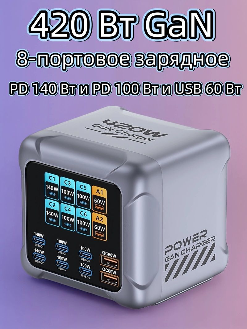 420ВтГаллиевыйНитридЗарядное8Портов,PD140ВтиUSB60Вт,СДисплеем
